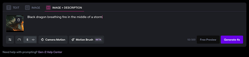 Screenshot of the Runway user interface with an image uploaded and a text prompt