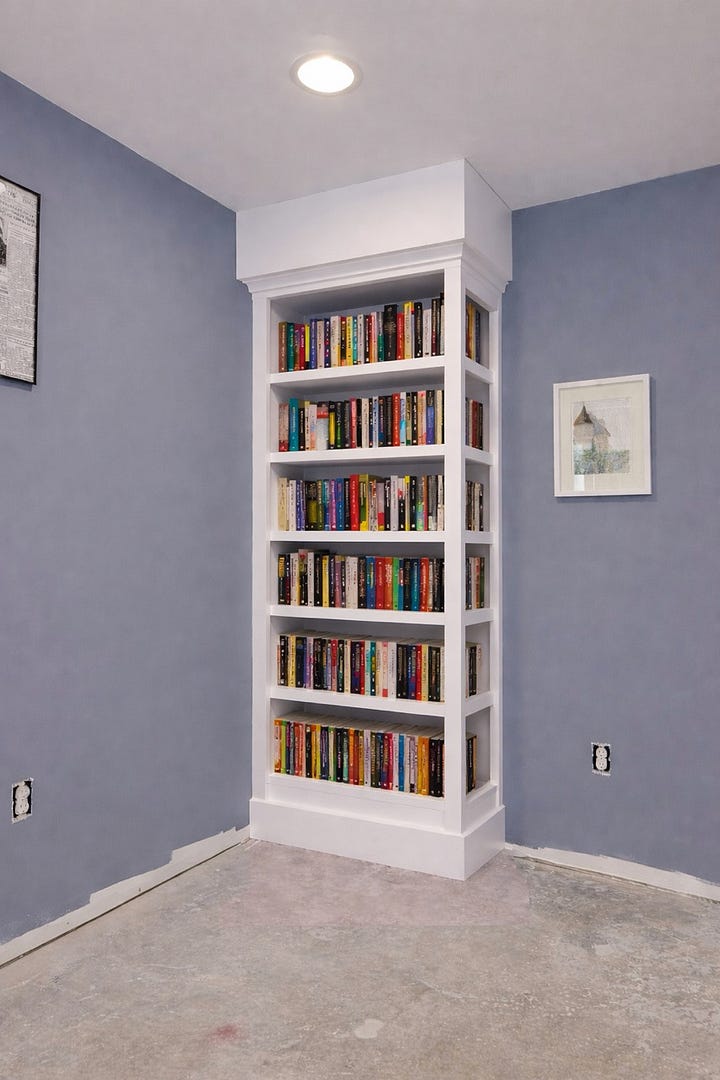 Four ai-generated images of a built-in bookcase in the corner of my office.