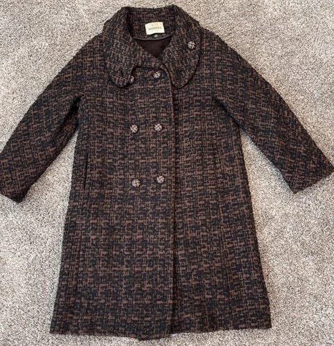 Vintage 1950s Higbee’s Brown Wool Tweed Coat w/ Removable Liner Double Breasted - Picture 1 of 12