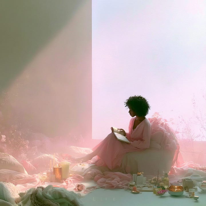 A Black woman sits peacefully in a cosy chair by a large window, wrapped in a soft cream blanket and wearing warm neutral layers. Candles, books, flowers, and self-care items surround her, creating a calm soft life atmosphere. The image has warm golden tones, vintage-style framing, and a reflective, restorative mood.