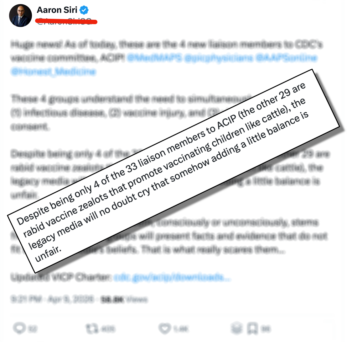 Adding anti-vaccine groups as ACIP liaisons isn’t “adding a little balance,” it is adding a lot of false balance! Adding anti-vaccine groups as ACIP liaisons isn’t “adding a little balance,” it is adding a lot of false balance!