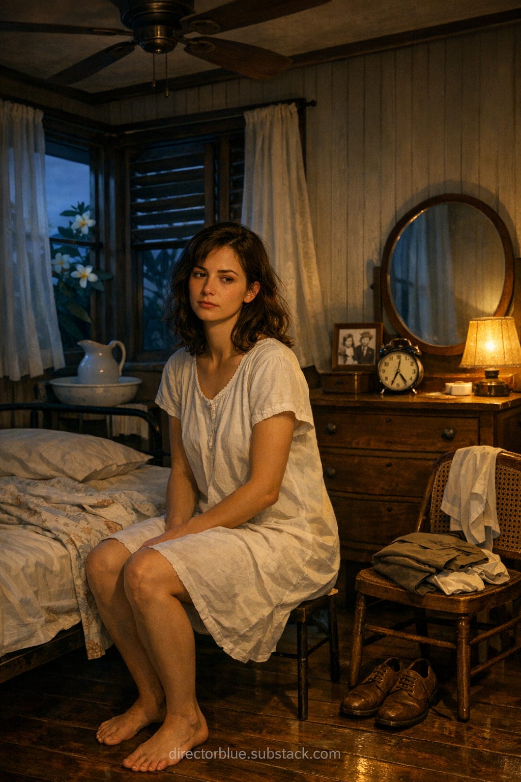 IMAGE PROMPT FOR 1941 HISTORY CLASS H101: Photorealistic 9x16 portraitformat photograph of a dimly lit 1940s Hawaiian boarding house bedroom at predawn, 5:15 AM. A tall, slender 22yearold woman with shoulderlength dark brown wavy hair loosely tousled from sleep sits on the edge of a narrow ironframe single bed with a thin white cotton sheet and a light floralprint bedspread pushed aside. She has fair, lightly sunkissed skin, high cheekbones, a straight refined nose, a defined but feminine jawline, warm brown eyes still heavy with sleep, and no makeup. She wears a simple white cotton shortsleeve nightgown that falls to her knees. Her bare feet rest on dark tropical hardwood flooring. The room is small and modest: louvered wooden windows half open with sheer curtains shifting in a faint breeze, a slowturning wooden ceiling fan, a plain wooden dresser with a round mirror reflecting soft blue predawn light, a porcelain washbasin and pitcher on a small stand, a caneback wooden chair with neatly folded khaki trousers and a white cotton blouse draped over it, a pair of brown leather laceup shoes on the floor beside the chair, and a small framed blackandwhite family photograph on the dresser beside a windup alarm clock showing 5:15. Warm golden light from a small bedside lamp illuminates the scene. The atmosphere is quiet, tropical, serene. Plumeria branches visible just outside the window. Subtle visible watermark in the lower portion of the image reading directorblue.substack.com. Hyperrealistic photographic quality, natural skin texture, periodaccurate detail, no digital artifacts..png