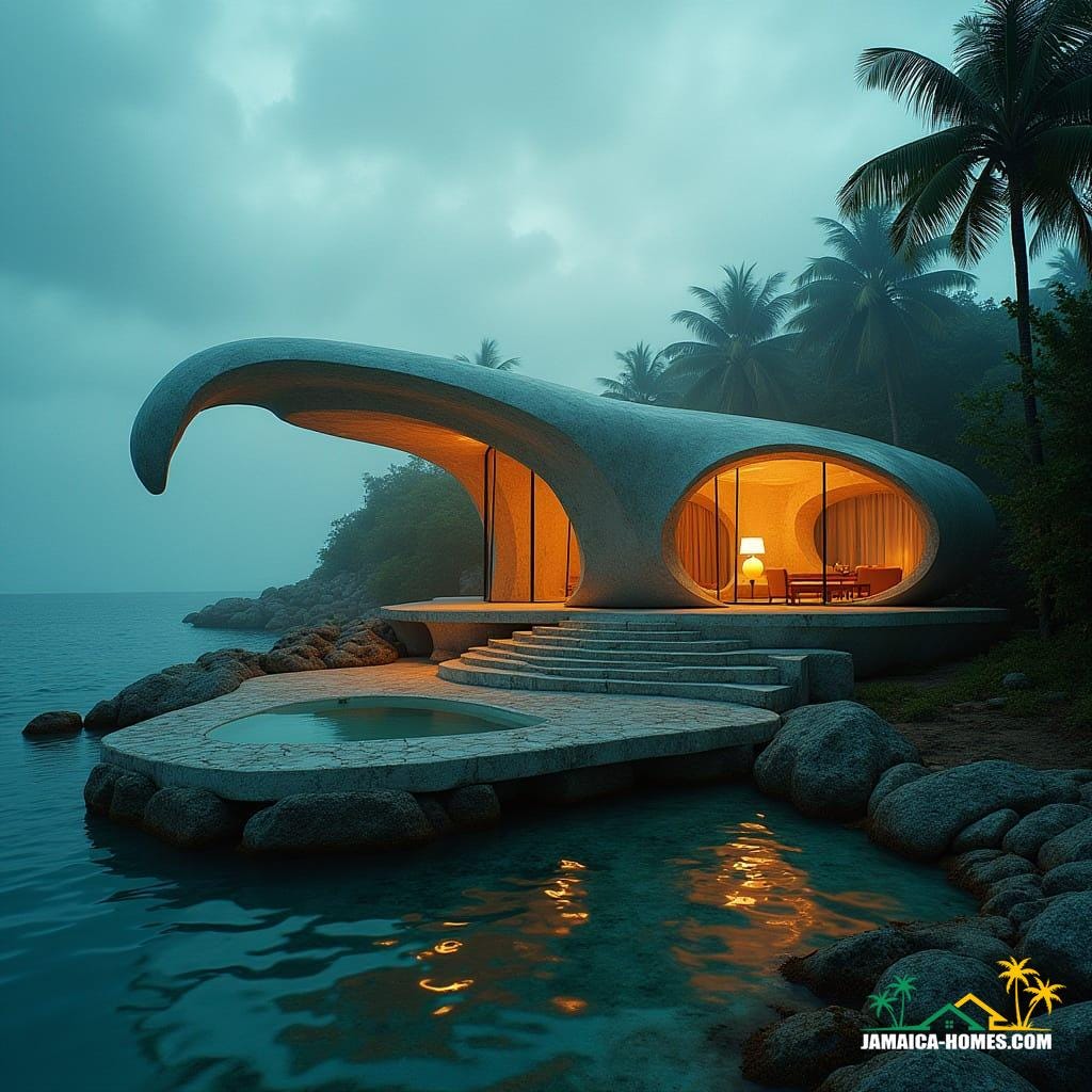 A stunning avian-shaped house constructed from concrete, brick, and glass, set against the vibrant backdrop of the Jamaican Caribbean. Captured as a cinematic film still on a v-raptor XL camera with 35mm film, featuring rich film grain, a subtle vignette, and masterfully applied color grading. The scene is illuminated by dramatic, atmospheric cinematic lighting, creating an epic and breathtaking masterpiece.