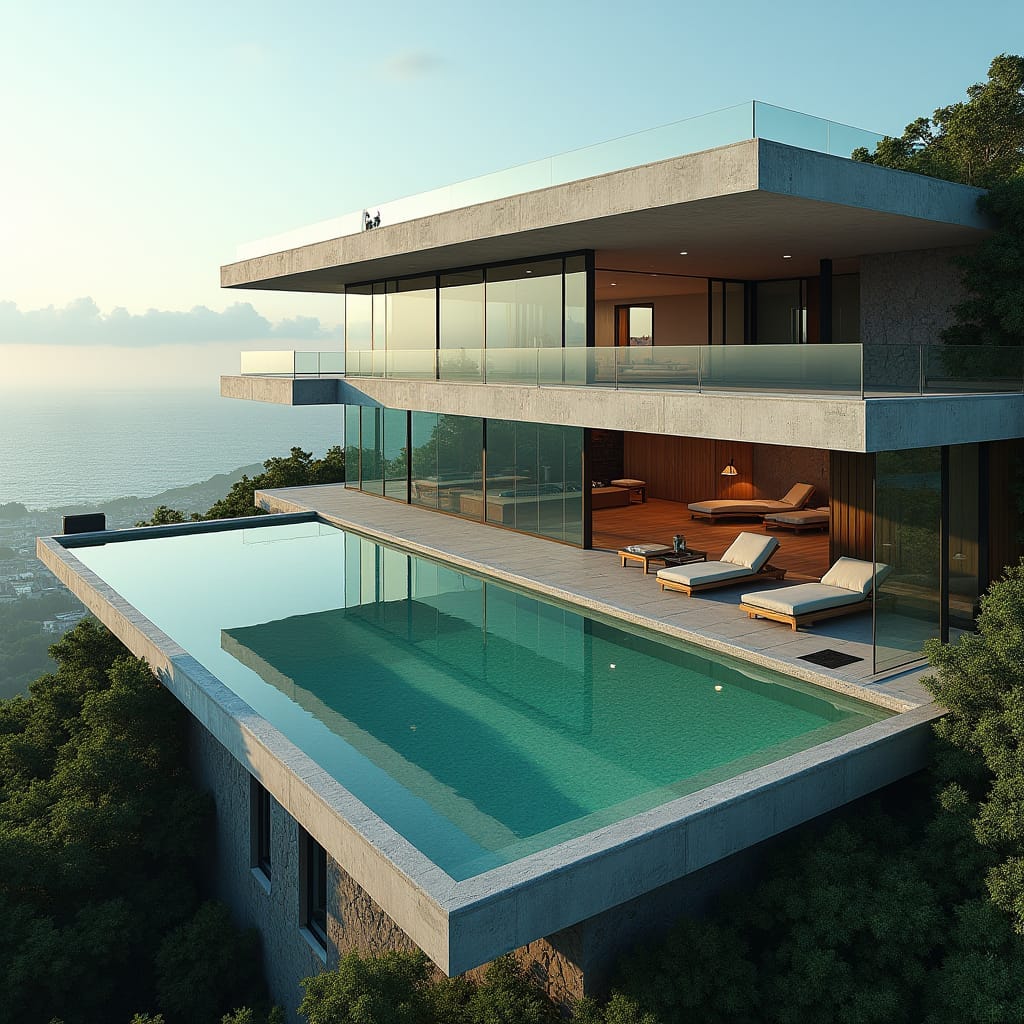 Ultra-modern, 4-story, 10-bedroom Jamaican mansion with sleek glass façade, expansive windows, and cantilevered concrete platforms, set amidst the bustling cityscape, featuring crystal-clear glass pools that appear to float in mid-air.