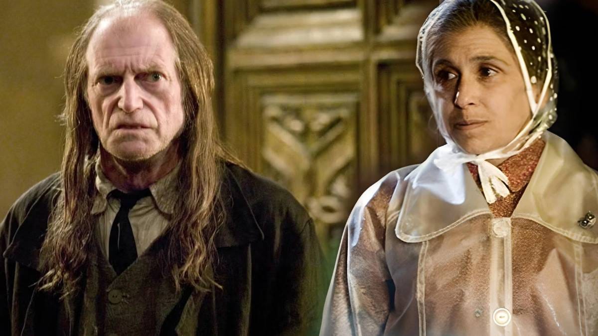On the left, Argus Filch with his long dirty hair looking irritated as always. On the right, Mrs Figg in the raincoat.
