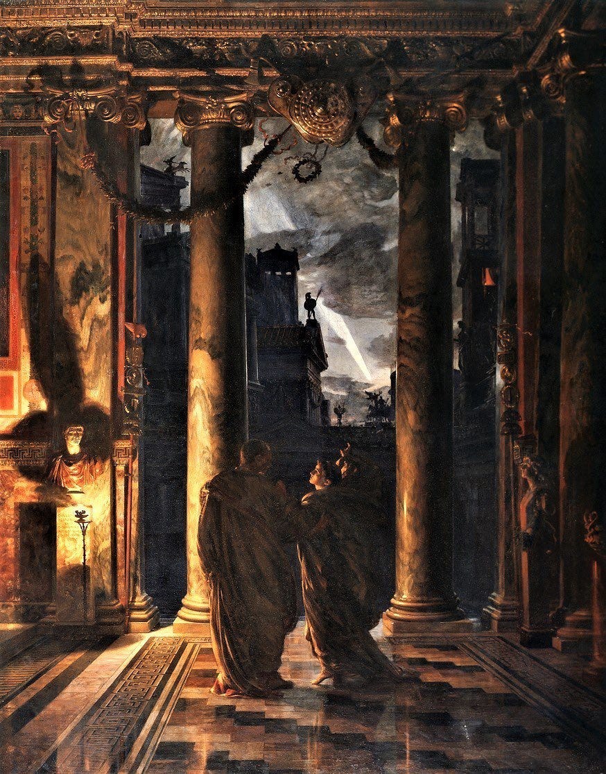 Ceasar & his wife Calpurnia view a comet on the eve of the Isle of March. They stand in a hallway lit by yellow flames from a torch with the comet passing in the sky in the background. Ceasar & his wife Calpurnia view a comet on the eve of the Isle of March. They stand in a hallway lit by yellow flames from a torch with the comet passing in the sky in the background.