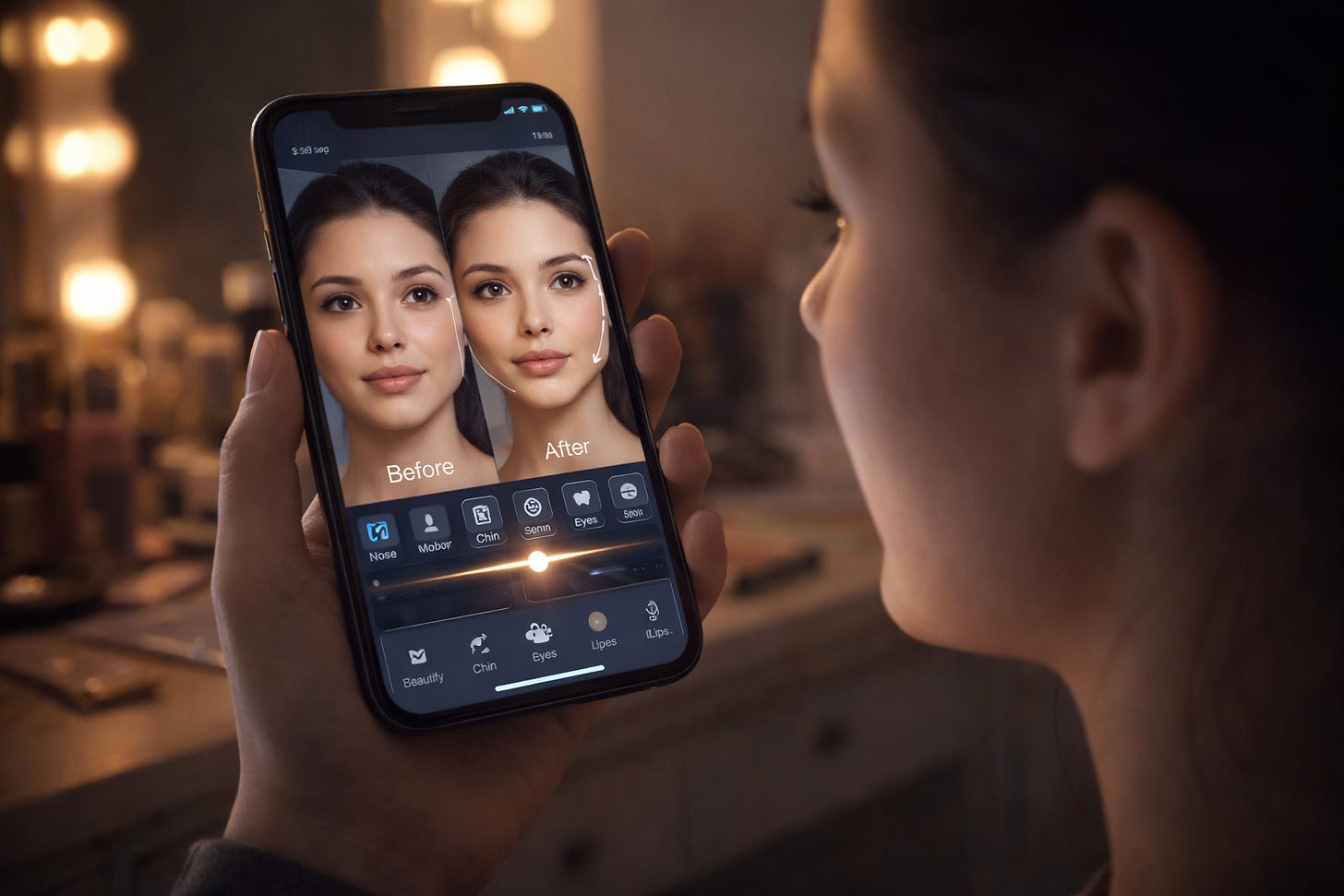 Teenage girl using a cosmetic surgery filter app on her smartphone, comparing her natural face to a digitally altered version labeled “before” and “after.” Teenage girl using a cosmetic surgery filter app on her smartphone, comparing her natural face to a digitally altered version labeled “before” and “after.”