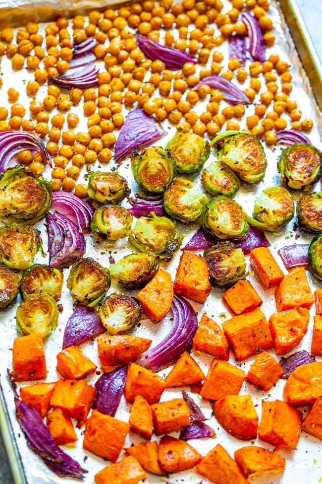 Roasted Fall Vegetables with Chickpeas on a baking sheet.