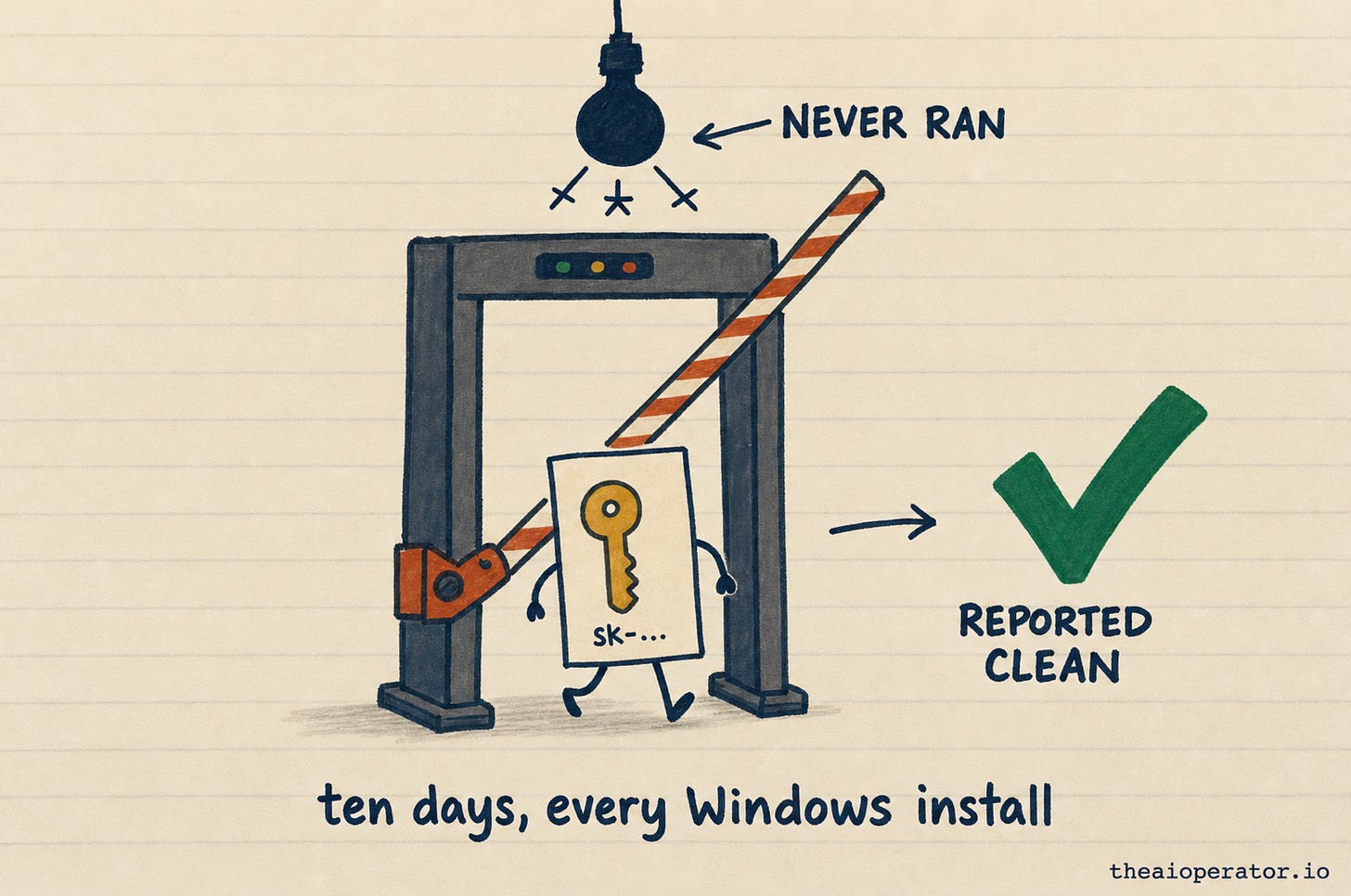 Hand-drawn sketchnote of a document carrying a key labelled sk- walking under a raised gate barrier. The inspection lamp above is unlit and labelled never ran, and a green tick beside it reads reported clean. Hand-drawn sketchnote of a document carrying a key labelled sk- walking under a raised gate barrier. The inspection lamp above is unlit and labelled never ran, and a green tick beside it reads reported clean.