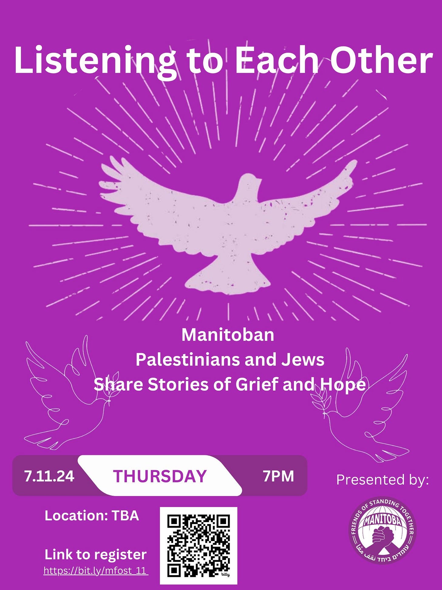 Purple poster saying Listening to Each Other - Manitoban Palestinians and Jews Share Stories of Grief and Hope
