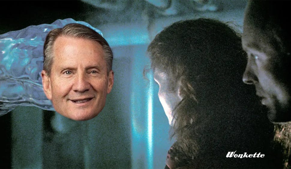 Tim Burchett's head photoshopped on an alien water tentacle from The Abyss. Tim Burchett's head photoshopped on an alien water tentacle from The Abyss.