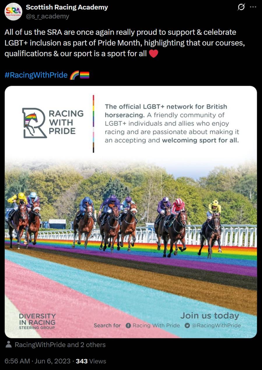 Scottish Racing Academy tweet promoting Pride month