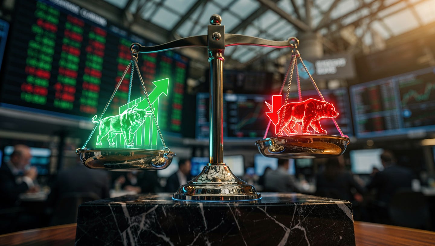 A photorealistic depiction of a sophisticated, antique-yet-modern balance scale made of polished brass, steel, and reinforced glass, resting on a heavy marble pedestal. On the left pan, a glowing green holographic financial chart rockets upwards with an upward arrow and a stylized bull emblem. On the right pan, a glowing red holographic financial chart crashes downwards with a downward arrow and a stylized bear emblem. Despite the dramatic difference on the pans, the central fulcrum and needle of the scale are perfectly vertical, thick, robust, and immovable, glowing with a steady, calm blue light. The background is a blurred, bustling stock exchange trading floor with massive digital screens displaying chaotic market data, tickers, and architectural elements. Cinematic lighting, highly detailed, 8k resolution.