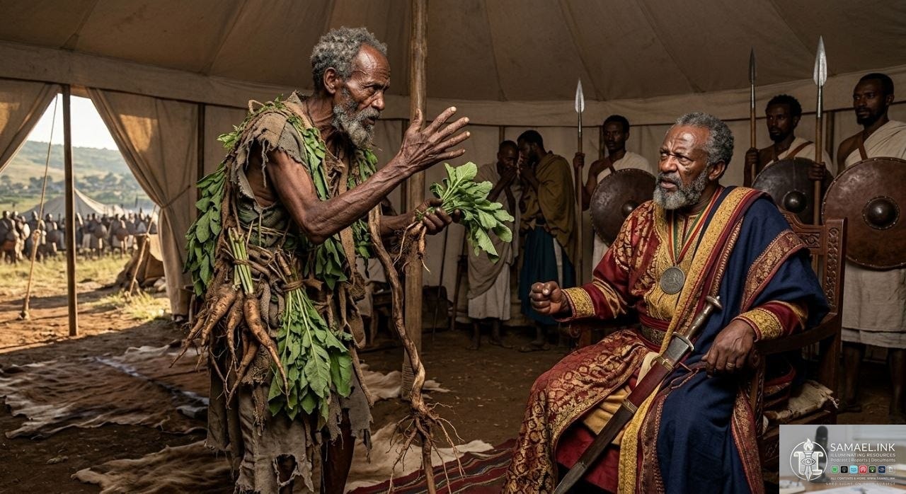 A detailed photograph taken inside a large canvas military tent or royal pavilion. On the left, a gaunt older man with a grey beard, wearing an elaborate costume of bundled green leaves and numerous whole root vegetables (like carrots and parsnips) over tattered fabric, stands gesticulating passionately with raised hands. He is looking at a distinguished, grey-bearded man on the right, who is seated in an ornate wooden chair, dressed in rich, embroidered red, gold, and blue robes with a large medallion, a sheathed dagger, and a blue sash. Between them, several other men in white or brown tunics stand watching and whispering. In the background, soldiers stand holding spears and large, circular, dark-colored shields. Through an open tent flap in the far distance, an encampment and a large gathering of people are visible on a grassy hill under a bright sky. The floor is covered with animal skins.