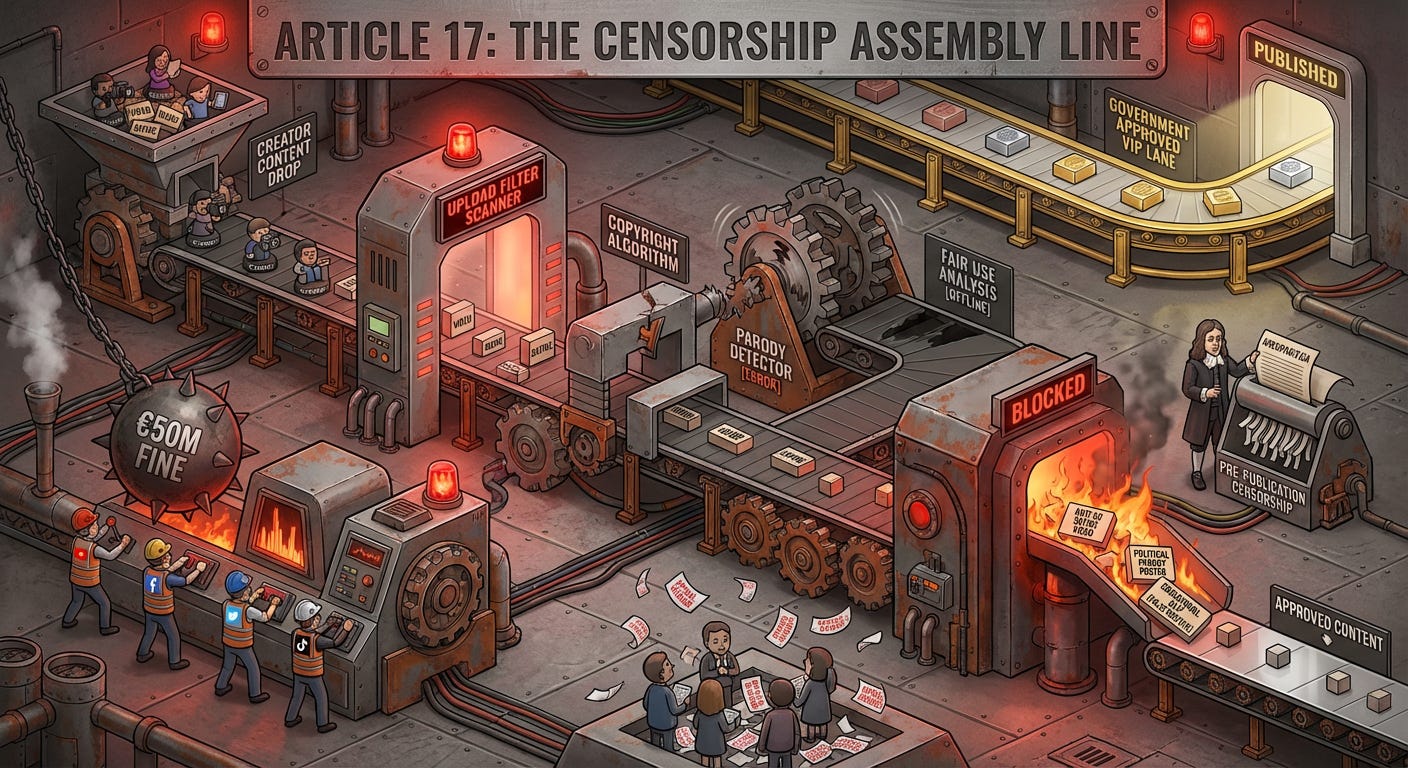 Create an elaborate 3D isometric gameboard depicting a massive industrial content factory titled Article 17 The Censorship Assembly Line The board shows a Rube Goldberg-style machine where creator game pieces drop content (videos memes satir_image_1