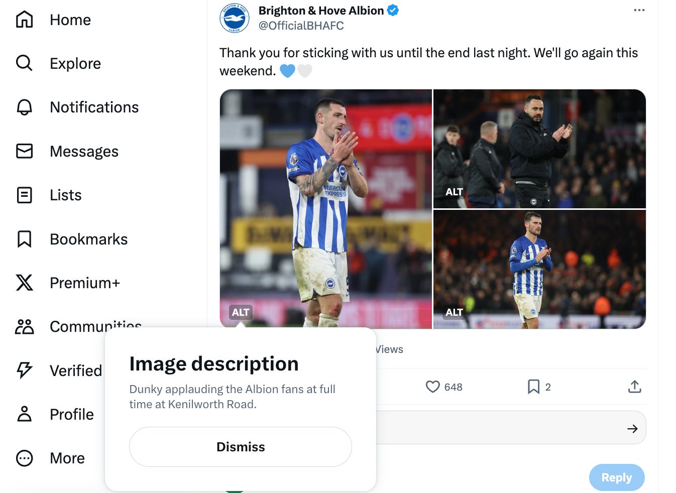 A screenshot showing a collage of images on X from Brighton's account, with the alt text "Dunky applauding the Albion fans at full time at Kenilworth Road" A screenshot showing a collage of images on X from Brighton's account, with the alt text "Dunky applauding the Albion fans at full time at Kenilworth Road"