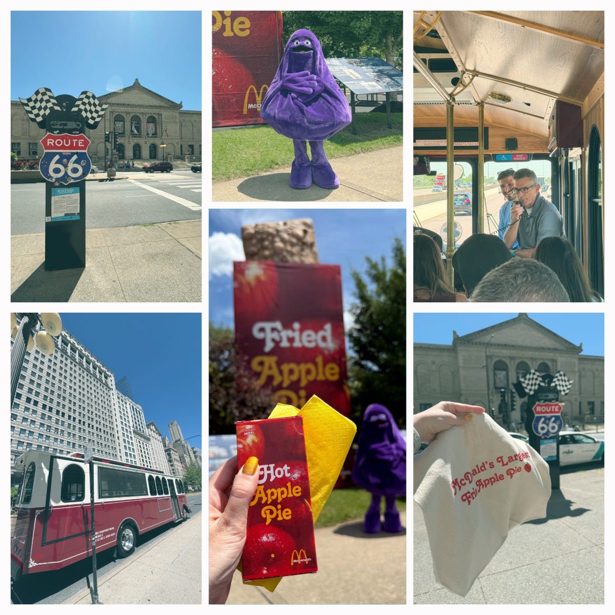 A collage of photos incuding the Route 66 marker in front of the Art Institute, the inside and outside of a trolley, a giant fried apple pie in a box, and Grimace A collage of photos incuding the Route 66 marker in front of the Art Institute, the inside and outside of a trolley, a giant fried apple pie in a box, and Grimace