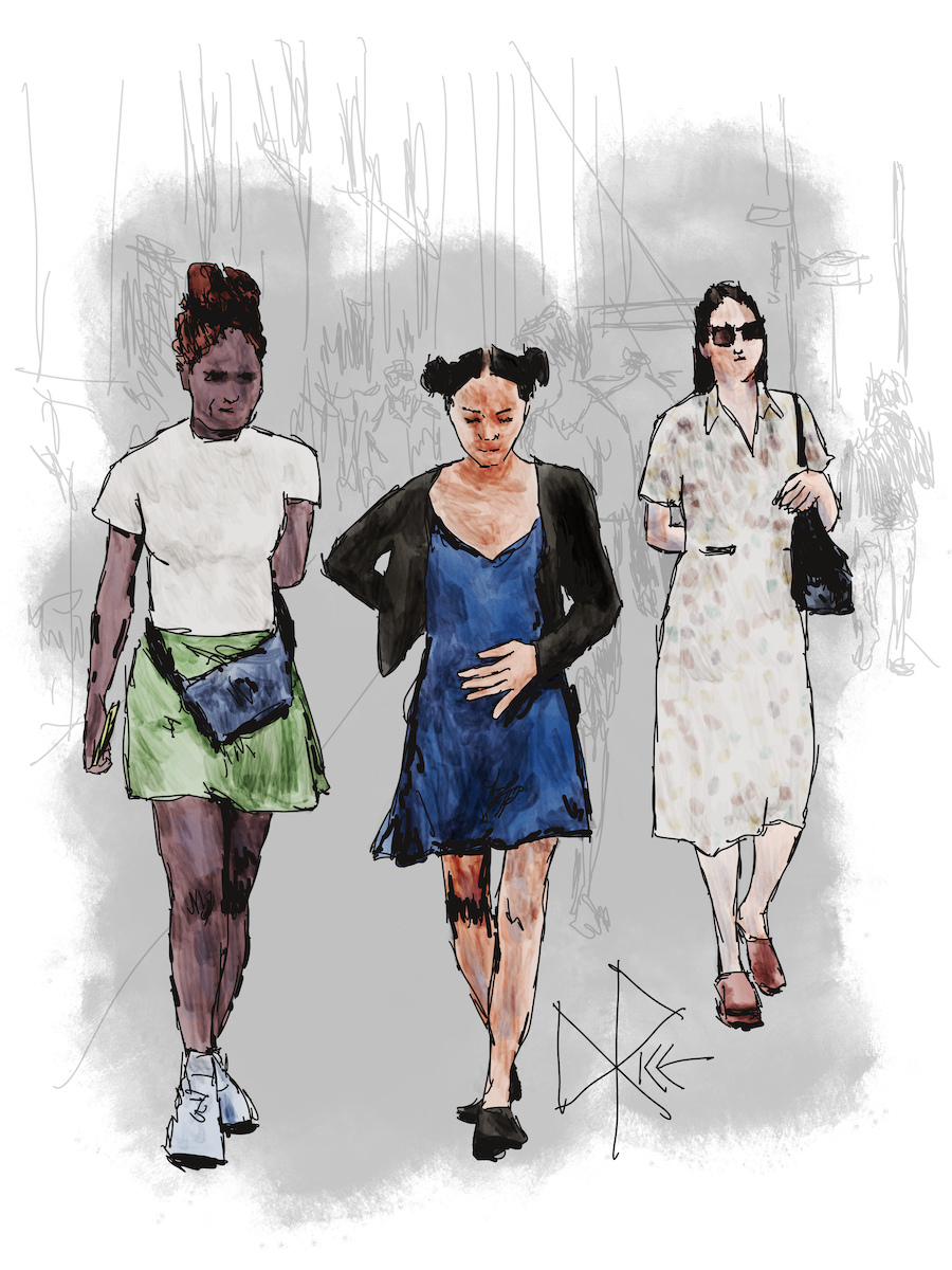 Three women walking along a sidewalk on a warm day, and for some reason all three are similarly posed and currently holding one arm behind her back. Sketch art by Don Rice. Three women walking along a sidewalk on a warm day, and for some reason all three are similarly posed and currently holding one arm behind her back. Sketch art by Don Rice.