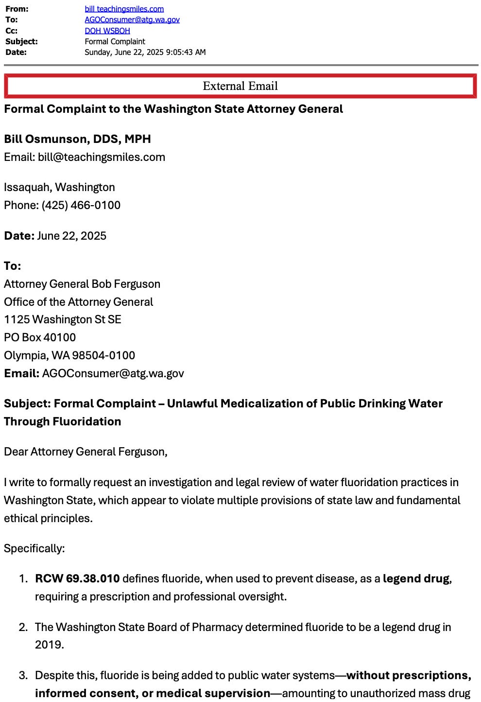 Osmunson Complaint to WA AG on mass fluoridation (22June2025)