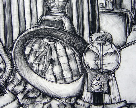 Paintings by Jae Jerkins: Study of Bedsheet, Still Life in Drawer, Still Life with Bubble-Gum Machine