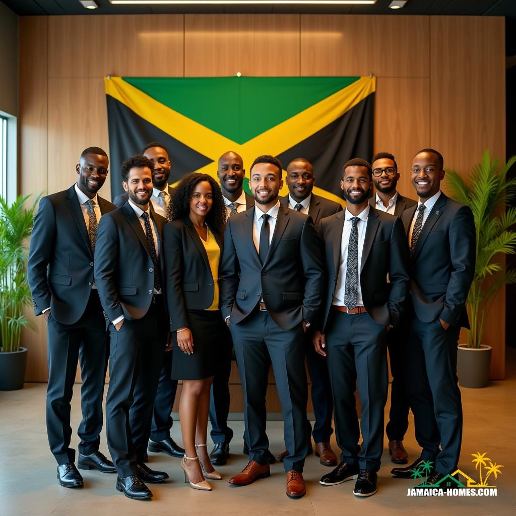 A diverse group of real estate agents, clad in professional attire, proudly standing together in a sleek, modern conference room with Jamaican flags and vibrant tropical accents, warmly lit by softbox lights and cinematic shadows, evoking a sense of unity and cultural pride, captured in a breathtaking, live-action cinematic film still, reminiscent of the works of renowned cinematographers like Emmanuel Lubezki and Roger Deakins, with a distinct film grain and subtle vignette, graded with a rich, cinematic color palette, post-processed to perfection, imbuing the scene with an atmospheric, epic quality, à la 35mm film, in the style of esteemed photographers like Gregory Miller and Peter Lindbergh.