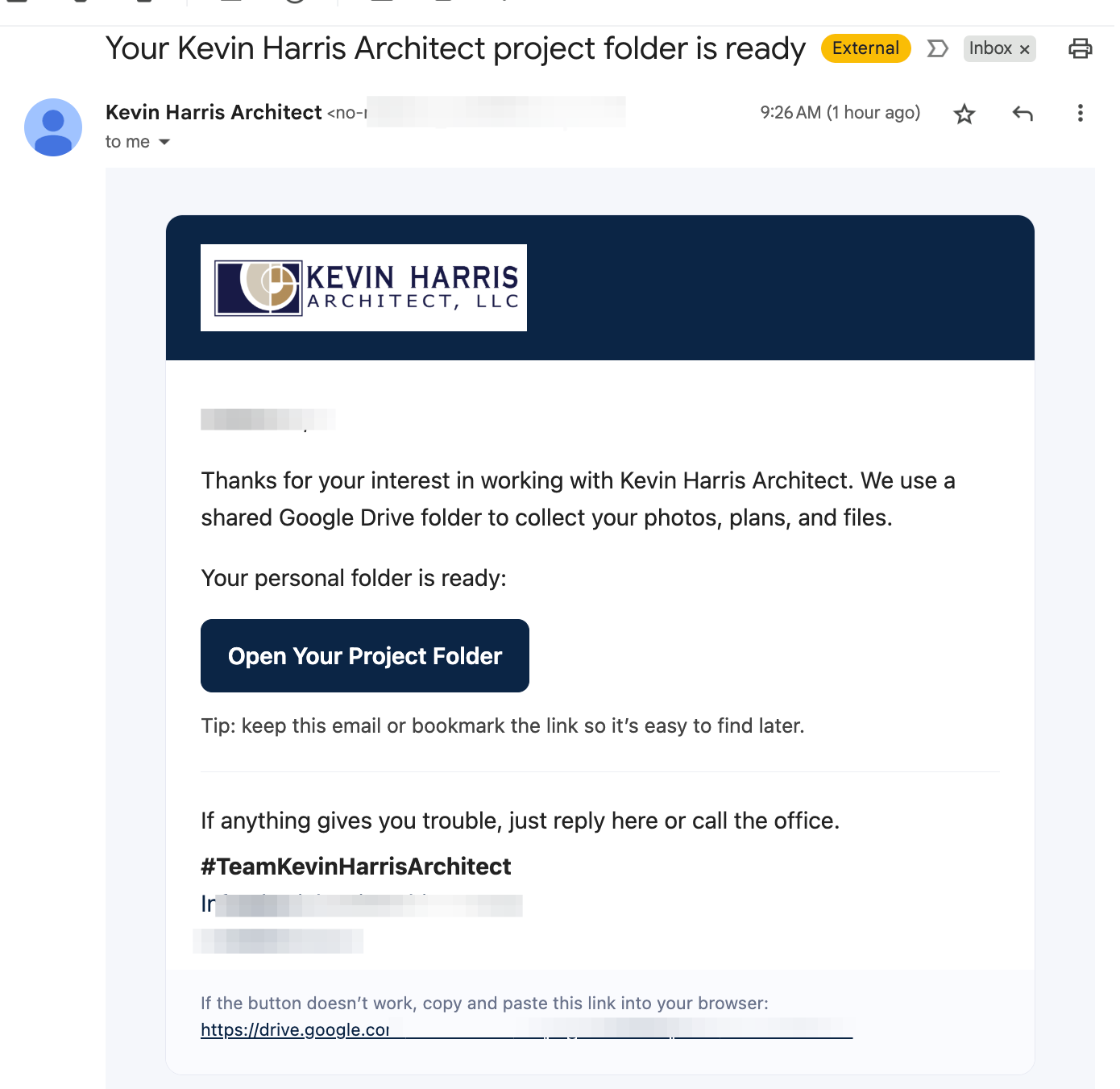 Professional branded email with Kevin Harris Architect logo, formatted text, styled button for Google Drive folder link, and company contact information