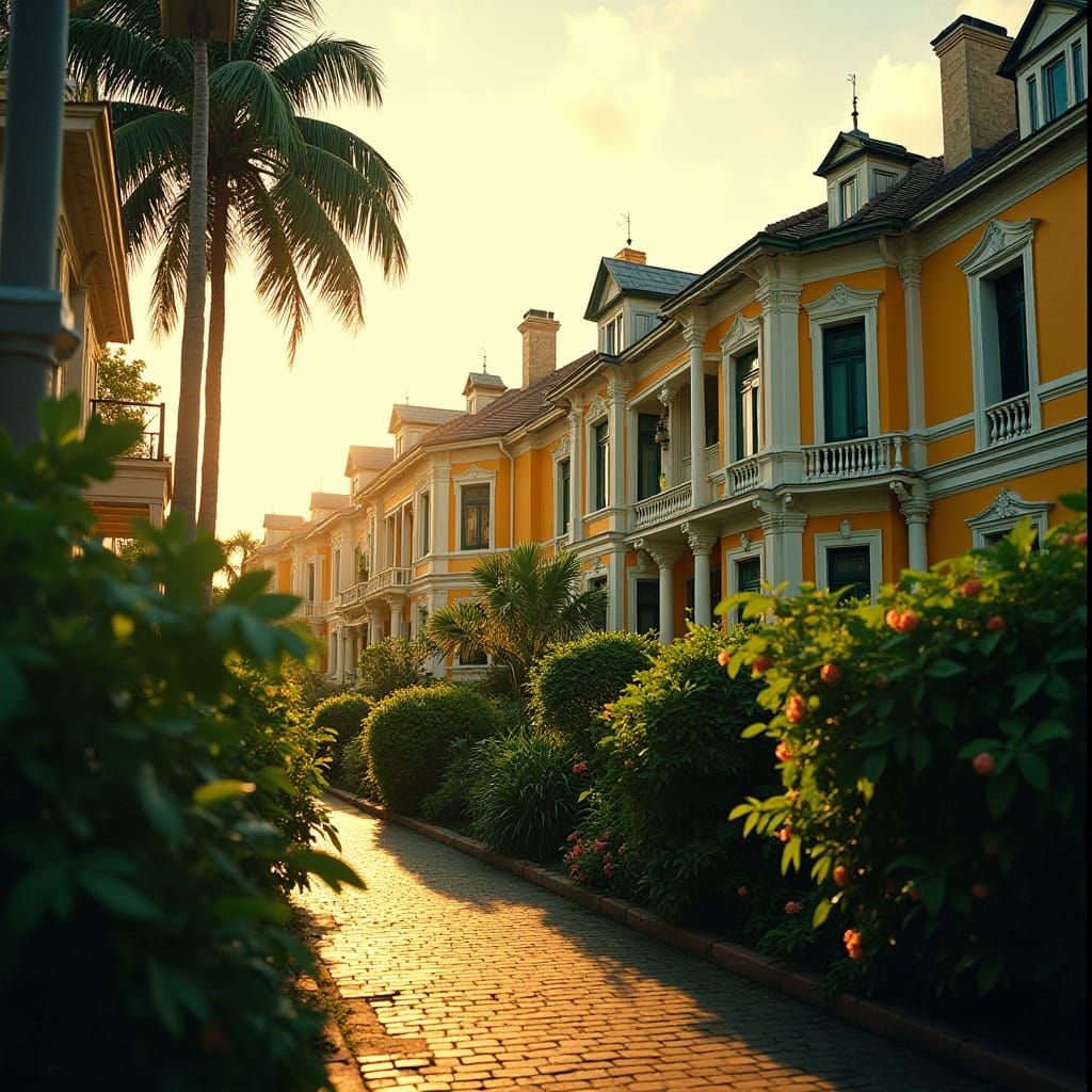 Elegant Edwardian homes in Kingston, Jamaica, bathed in warm, golden light, with lush tropical foliage and vibrant island colors, captured in a cinematic film still, evoking the nostalgia of a bygone era