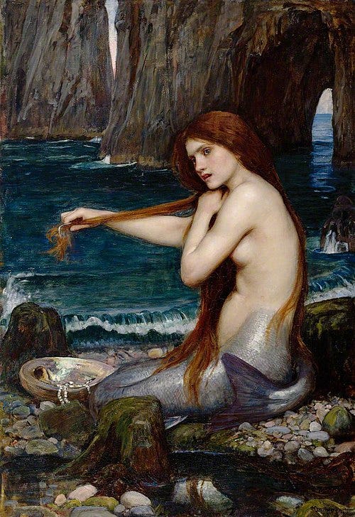 John Waterhouse paining of a mermaid sitting at water's edge combing her hair and a nearby oyster shell with string of pearls John Waterhouse paining of a mermaid sitting at water's edge combing her hair and a nearby oyster shell with string of pearls