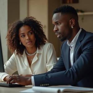 Young, vibrant Caribbean female real estate agent, with rich, dark skin and curly brown hair, wearing a crisp white blouse and elegant silver jewelry, sits alongside her handsome, younger male counterpart, with a strong, chiseled face and bright, inquisitive eyes, dressed in a tailored navy blue suit, both engaged in a heated discussion in front of a sleek, modern computer setup, surrounded by stylish, minimalist decor, evoking the laid-back, sun-kissed atmosphere of Jamaica, captured in a breathtaking, cinematic film still, reminiscent of the works of acclaimed filmmakers, Denis Villeneuve and Ava DuVernay, with a subtle, film grain texture, a hint of vignette, and a warm, golden color grade, inviting the viewer to step into the frame, as if shot on 35mm film with a V-Raptor XL camera, with masterful, post-processing techniques and dramatic, cinematic lighting, that amplifies the emotional intensity of the scene, creating an epic, atmospheric, and visually stunning masterpiece