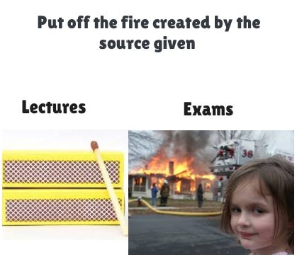 a meme showing comparison of what's usually taught in classes vs exams
