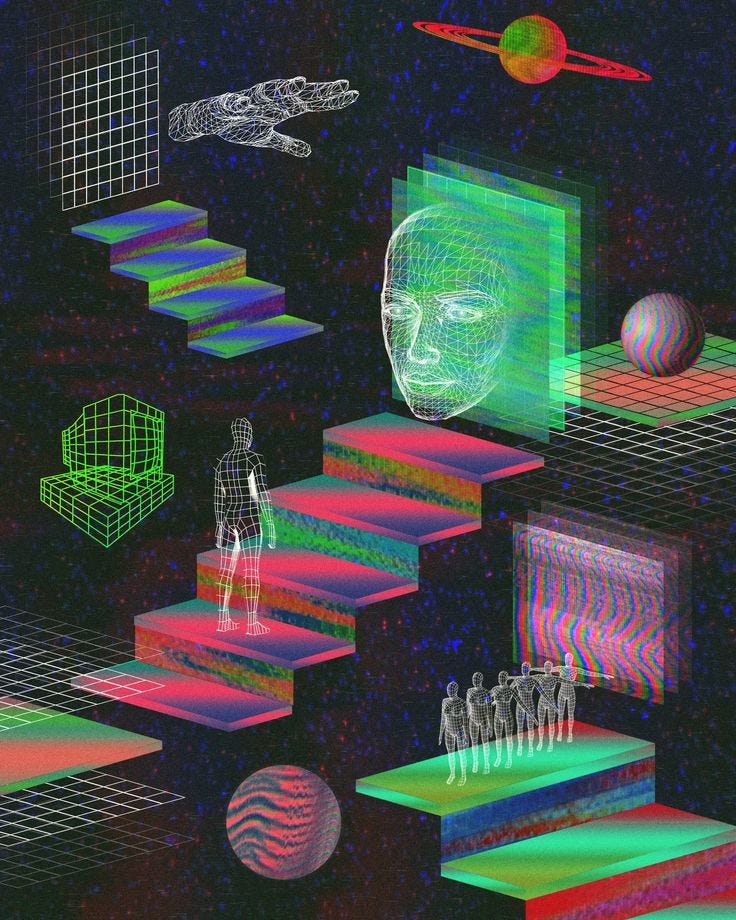 This may contain: an image of a person standing on stairs with different shapes and sizes in the background This may contain: an image of a person standing on stairs with different shapes and sizes in the background