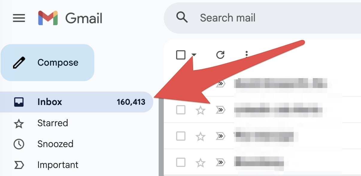 A Gmail inbox showing 160,413 unread emails A Gmail inbox showing 160,413 unread emails