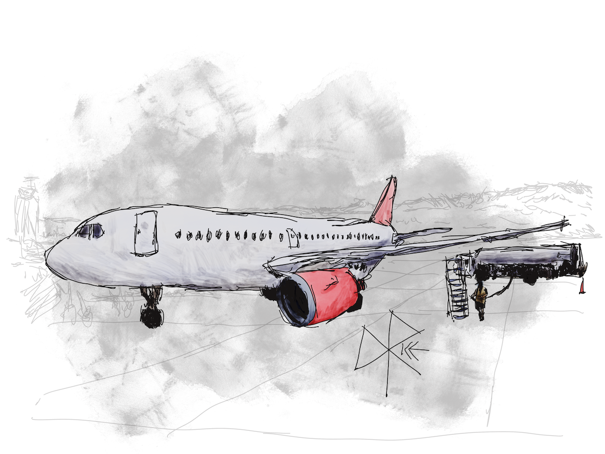 A man drags a hose toward a rolling step-stair, preparing to hook up the hydrocarbon truck to the wing tank of the Airbus. Sketch art by Don Rice.