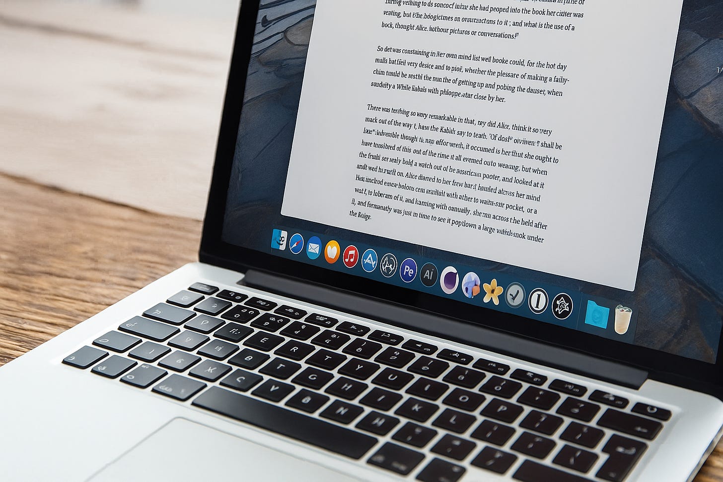 An open laptop on a rustic wood desk