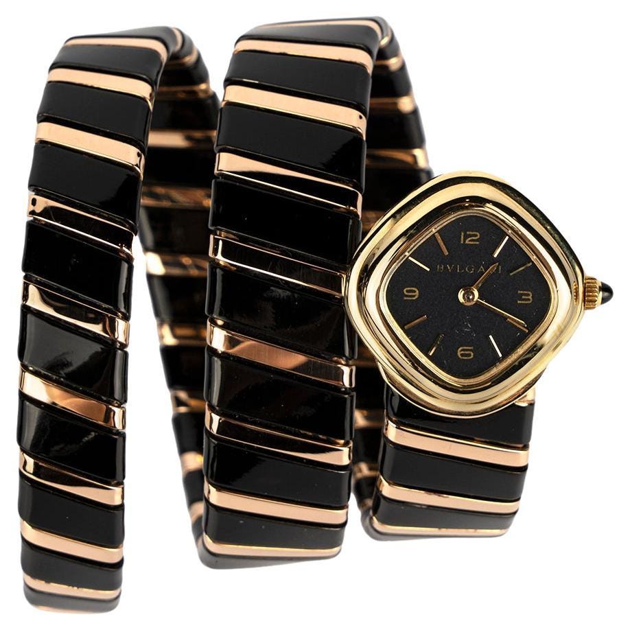 Rare Bvlgari 18k Gold and Black Enamel Serpenti Tubogas Watch For Sale