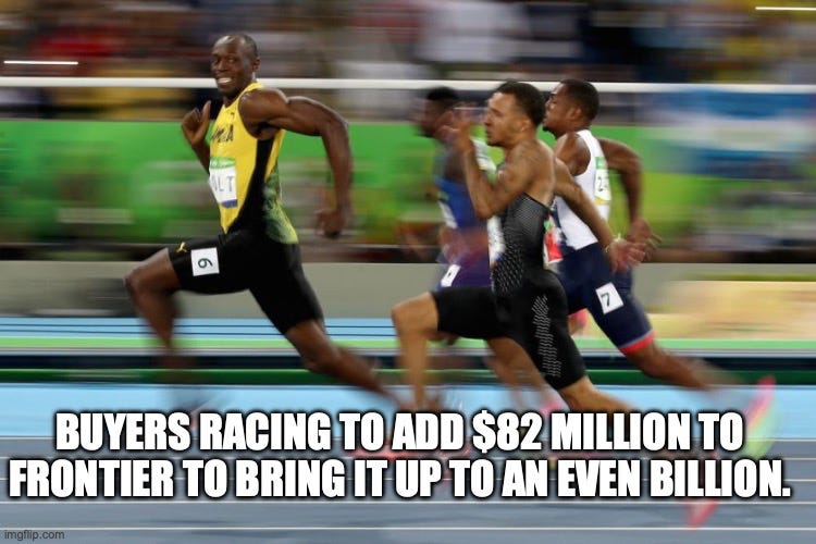 Usain Bolt smiling while sprinting ahead of other runners, captioned "Buyers racing to add $82 million to Frontier to bring it up to an even billion."