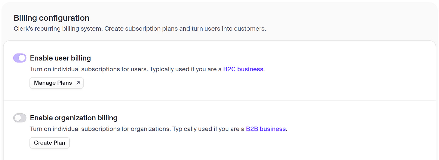 Go to Clerk Dashboard > Configure > Billing and turn on “Enable user billing” Go to Clerk Dashboard > Configure > Billing and turn on “Enable user billing”