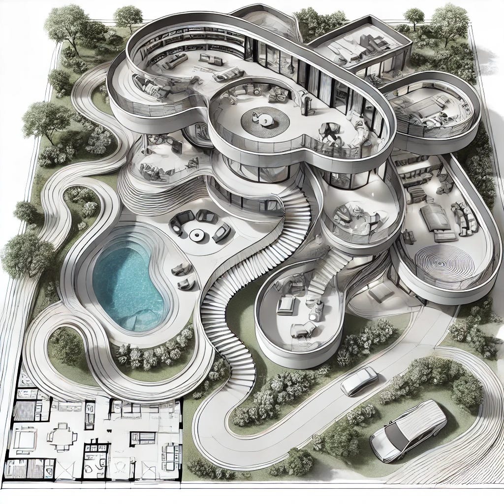 This futuristic house floor plan features a seamless blend of curved, organic architecture with modern luxury. The multi-level layout includes spacious open living areas, large glass walls for natural light, and a strong connection to nature. A central atrium, flowing staircases, and landscaped gardens enhance the fluid design, while an infinity pool adds to the luxurious outdoor experience. The house incorporates stylish bedrooms, cozy lounges, and sustainable elements like green roofs and natural materials, creating a harmonious balance between elegance and eco-conscious living.