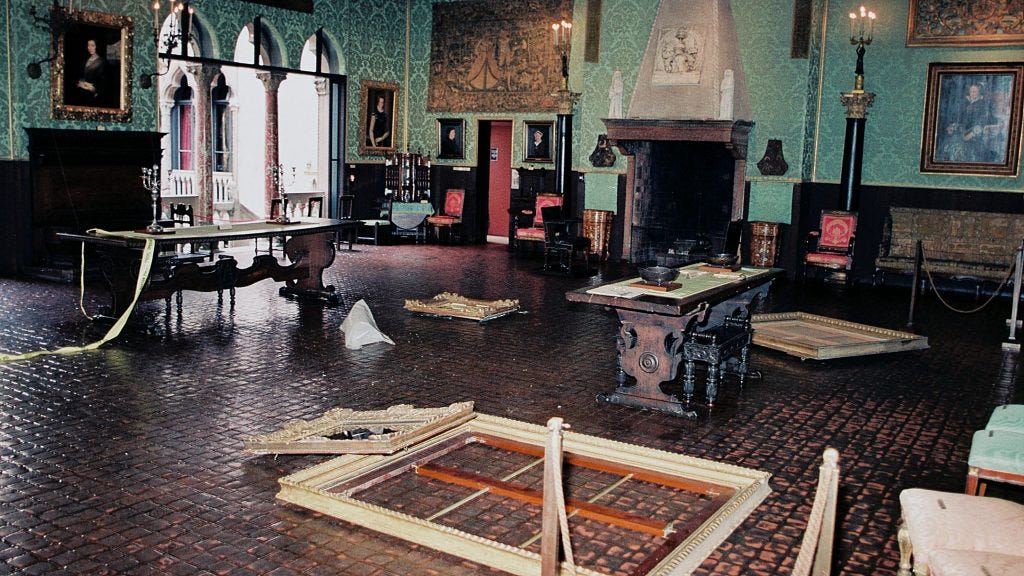 Crime Scene: A photograph of the Dutch Room in the Isabella Stuart Gardner Museum, the morning after the theft.