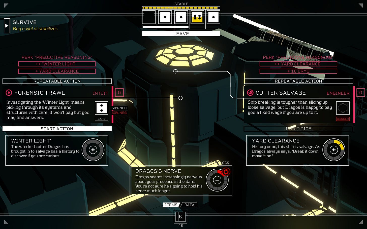 Μία από τις τοποθεσίες του Citizen Sleeper με τις διαθέσιμες ενέργειες που μπορεί να κάνει ο παίκτης