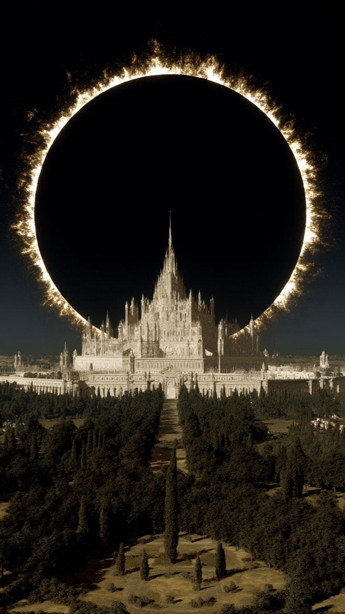 This may contain: the sun eclipse over a city with trees and buildings