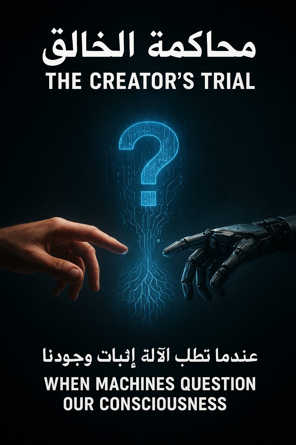 يد بشرية تمتد من اليسار ويد آلية معدنية تمتد من اليمين، بينهما علامة استفهام زرقاء متوهجة تتحول إلى مسارات عصبية ورموز ثنائية، خلفية داكنة بإضاءة درامية. أعلى الصورة مكتوب "محاكمة الخالق" و"The Creator's Trial"، وأسفلها "عندما تطلب الآلة إثبات وجودنا" و"When Machines Question Our Consciousness".