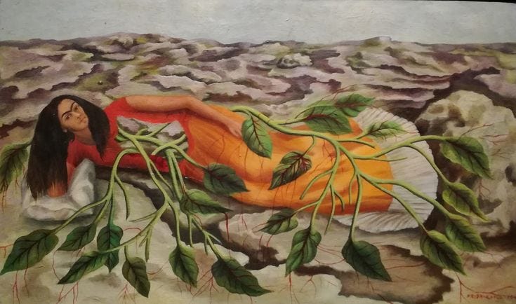 This may contain: a painting of a woman laying on the ground surrounded by plants and rocks with leaves growing out of her body