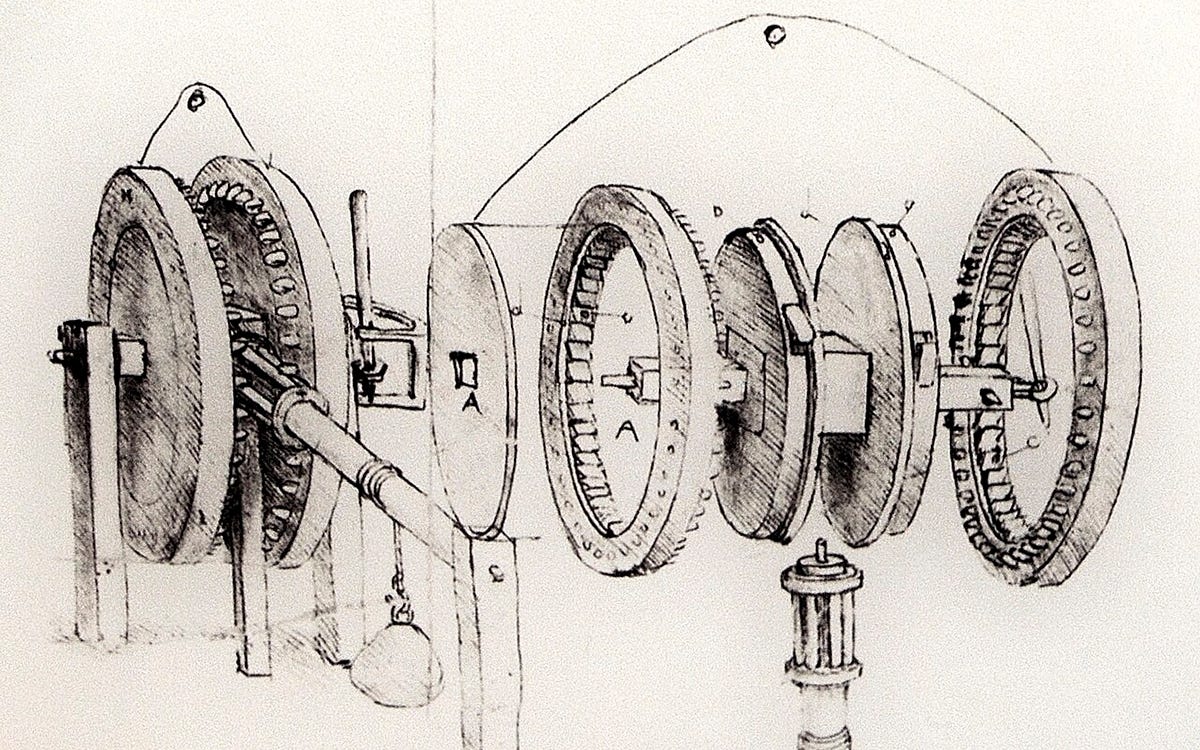 Hand-drawn technical diagram from Leonardo da Vinci’s Codex Atlanticus, showing a mechanical gear system labeled “Ratschengetriebe,” photographed from a manuscript page in an archival setting.