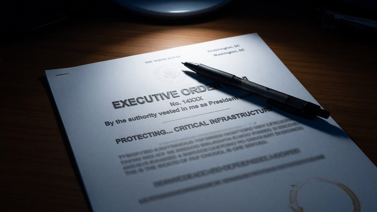 A pen resting on an executive order document on a dimly lit desk, representing the legal impermanence of the Strategic Bitcoin Reserve under executive action alone.