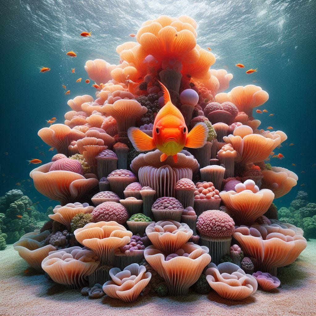 goldfish in a tank with spectacular coral architecture