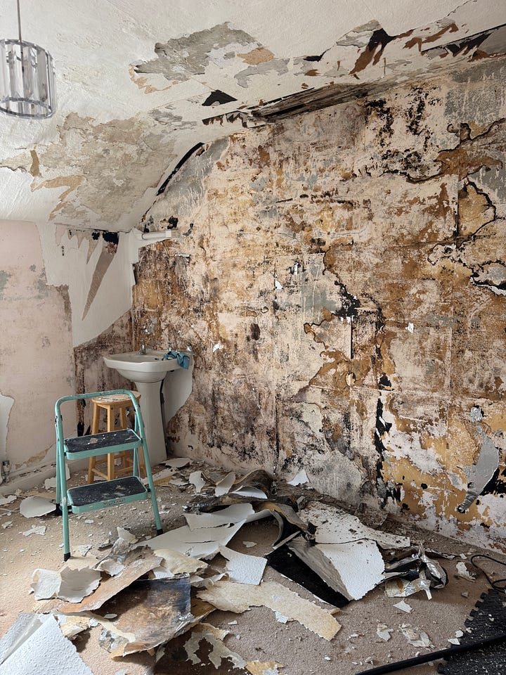 A bedroom in 5 photos - progress pictures of taking off rotten woodchip wallpaper, scraping the walls and ripping up the carpet. 