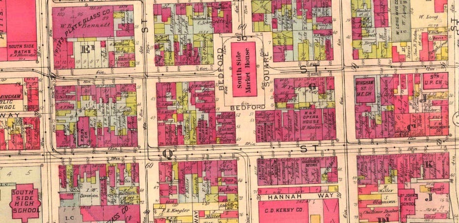 1923 map of the location where Esser Plaza Park is today. Buildings occupied the block.
