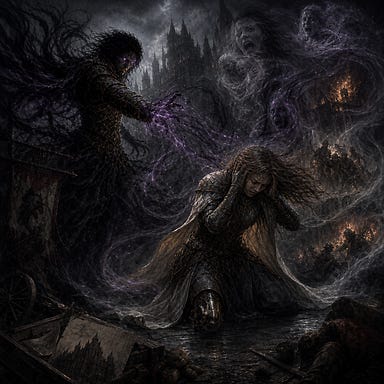 Varnyx forcing Ezmerelda to relive her worst day—necrotic magic dragging memories into the mist, Ezmerelda trembling but unbroken, echoes of fire and loss around her, Barovian Gothic atmosphere