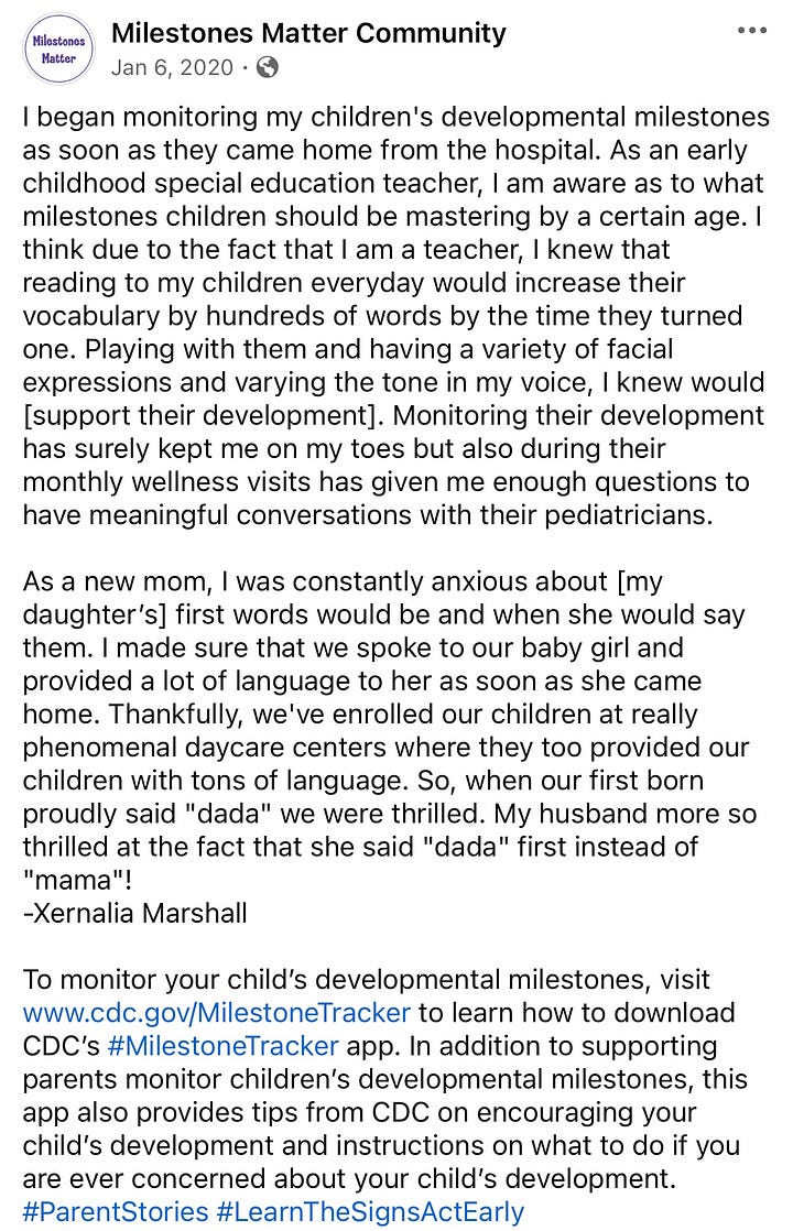 Personal narrative shared by mother on Facebook regarding monitoring her child's developmental milestones.